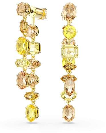 Swarovski Gema Drop-Ohrhänger, Vergoldete Ohrringe mit Zwei Asymmetrischen Ketten mit gelb- und bernsteinfarbenen Kristallen in Krappenfassung und Verschiedenen Schliffen, Größe: 5.8 x 0.9 cm