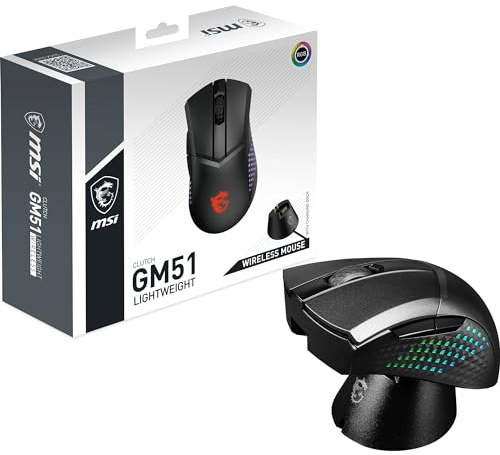 MSI Clutch GM51 Lightweight Wireless Souris Gaming, Capteur Optique 26000 DPI, Droitier, Switches OMRON +60M Clics, 6 Boutons, 150h Batterie, Charging Dock, Latence 1ms, RGB, 85g, Filaire/sans Fil