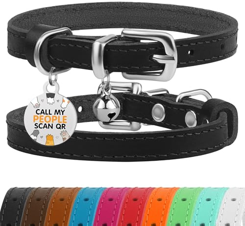 BRONZEDOG Collier pour Chat en Cuir avec Médaille QR-ID Amovible – Collier pour Chaton avec Grelots, Non-Anti-Étranglement, pour Femelles & Mâles (Noir & Argent, 18-22 cm)