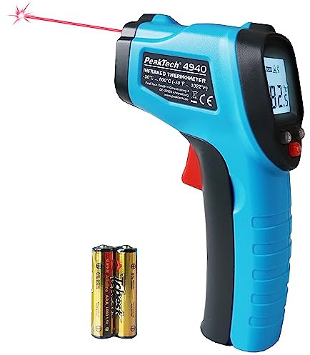 PeakTech 4940 thermomètre/pyromètre infrarouge avec laser, -50°C ... 600°C, rapport de point de mesure 12:1, pour une mesure rapide de la température de surface 0,5s, émissivité 0,95 fixe