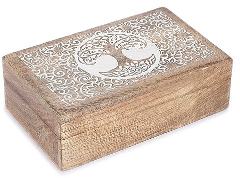Ajuny Handgeschnitzte Dekorative Schmuck Aufbewahrungsbox aus Holz mit Baum des Lebens-Designs – Mehrzweck Schmuckhalter Schatztruhe Erinnerungsbox Tolle Geschenke – Braun-Weiß, 8x5 Zoll