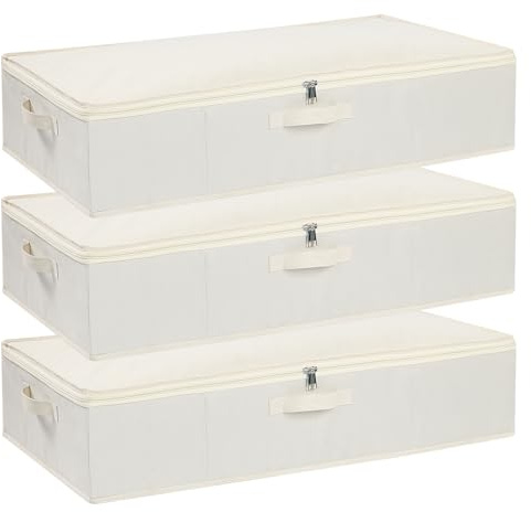 YheenLf 3 set klädförvaringspåsar, beige, 60 × 30 × 15 cm | Lågförvaringsbox för sovrum, vardagsrum, klädförvaringspåsar med lock och handtag, för filtar