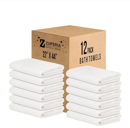 ZUPERIA White Bath Towels Bulk 12 Pack (22 x 44 Inches) - 100% Cotton Economy Light Weight Towels for Commercial Use - Quick Dry, Ultra-Soft, and Absorbent Bulk Towels