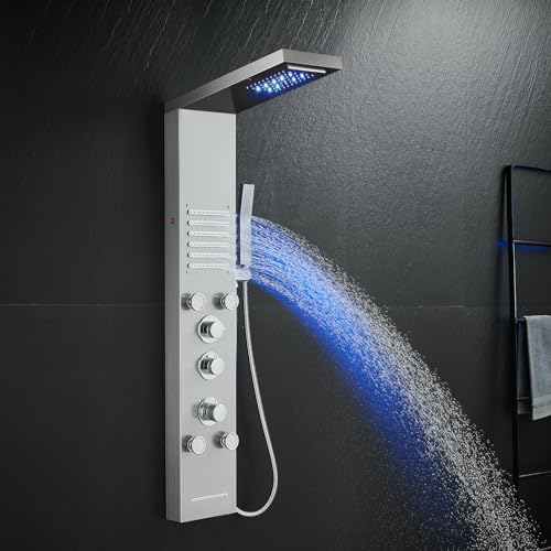 KINKIBOS LED Duschpaneel mit Thermostat, 6 Funktionen Duschpaneel mit Regen&Wasserfall Dusche, 2 Seitenspray, Handbrause und Wanneneinlauf, Duschpaneel aus Edelstahl 304, Gebürstet