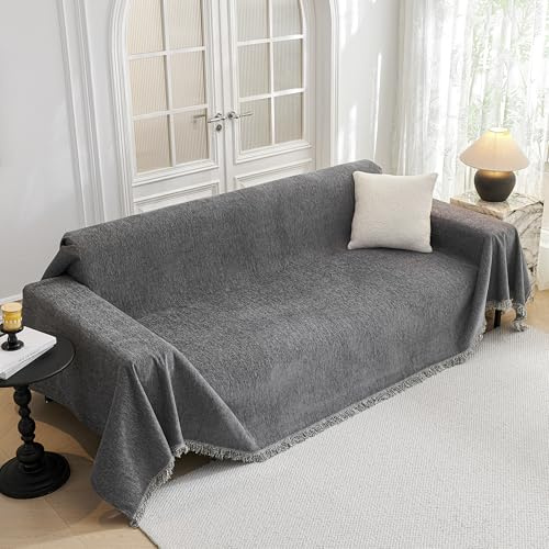 MYSKY Home Housse de Canapé 1/2/3/4 Places 180 x 300 cm Gris Foncé Forme de L d'angle Protege Canape Plaid Protection Canape Chat Chiens Anti Griffe en Chenille Sofa Cover, Housse pour Meubles