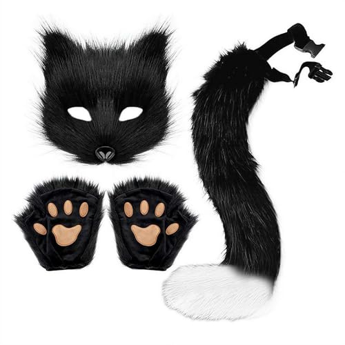 Conjunto de máscara de gato lobo de piel sintética, cola y guantes, guantes de pata peluda, disfraz cosplay animal para Halloween, fiestas navideñas, Negro, talla única