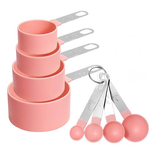 8 Pcs Measuring Cups and Spoons Set, Includes 4 Stainless Steel Nesting Measuring Cups & 4 Mini Measuring Spoons,Stackable Handle Accurate Tablespoon for Measuring Dry and Liquid Ingredients(Pink)