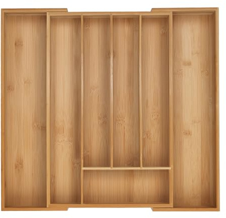 Relaxdays Besteckkasten, 5–7 Fächer, ausziehbarer Besteck Schubladeneinsatz, HxBxT: 5 x 30,5-50 x 47 cm, Bambus, Natur