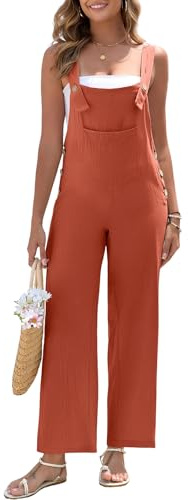 HOTIAN Salopette femme lin été élégante combinaison pantalon en lin long décontracté ample salopette avec grandes poches pantalon à bavette beige S, rouge, XL
