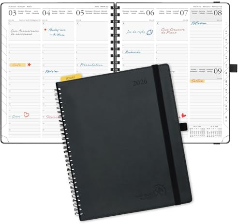POPRUN Agenda Settimanale 2026 Verticale Spirale, 26,5 x 21,5 cm, Copertina Morbida, Weekly Planner 2026 con Portapenne Autoadesivoc, Pelle Vegana e Carta Spessa da 100 GSM, Nero