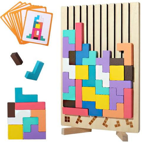 Souvik 42 Piezas - Puzzle de Madera 3D, Juego Educativo, Colorido Bloques Geométricos, Rompecabezas de Madera de Inteligencia de Colores, 10 Tarjetas, Juguetes Educativos para Niños 3+ Años y más