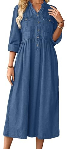 loveimgs Women Casual Button Down High Waist Midi Denim Dress V Neck Pleated Shirt Jean Dress A Line Long Sleeves Pockets (X-Large,Blue)