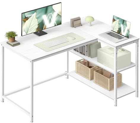 VASAGLE Escritorio en L, Escritorio Gaming para Ordenador con Estantería, Baldas de Altura Regulable, Estación de Trabajo para Estudio y Oficina, 110 x 80 cm, Blanco Arce LWD135WF01