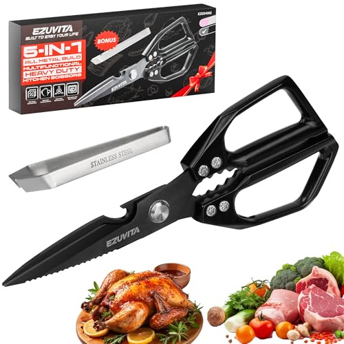 EZUVITA 5-in-1 Multifunktions-Küchenschere mit Pinzette, Haushaltsschere mit titanbeschichteten Edelstahlklingen, Spülmaschinenfest, Allzweckschere für Küche, Huhn, Geflügel, Fisch, Fleisch (Schwarz)