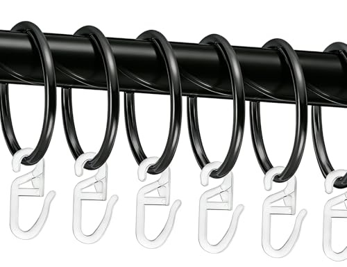 50 Stück Metall Gardinenringe und 50 Stück Kunststoff Gardinenhaken, Schwarz Vorhangringe Duschvorhangringe 32 mm Innendurchmesser (Schwarz)