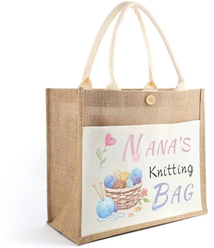 Tarklanda Nana Jute Tote Bag, Funny Nana Shoulder Bag, Grandmother Reusable Shopper Bag, Nanny Gift, Grandma Gift, Ideal present for Mother’s Day, Birthdays, Chrismas, Nana's Day(Nana' Knitting BAG)