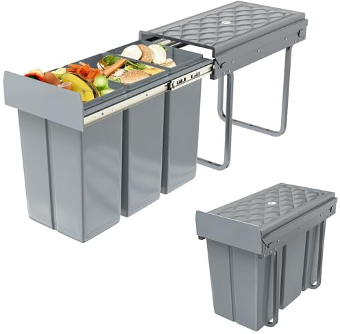 UISEBRT 3x10L Cubo de basura para cocina con cajón, sistema de separación de residuos con deslizador de plástico, cubo de basura empotrado, gris