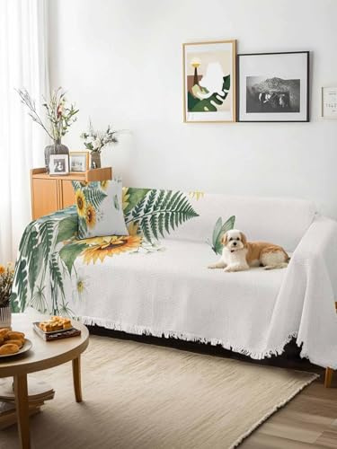 Spring Sunflower Sofa Cover Blanket Couch Covers for Armchair Cushion,Couch Sofa Silpcover with Tassel,Garden Botanical Leaves Butterflies Living Room Bedroom Throw Towel Blanket Covers XX-L 71x150
