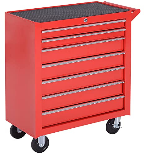 DURHAND Carrello Porta Attrezzi con 7 Cassetti e Tappetini in EVA, Carrello Officina Portautensili con Serratura e 2 Chiavi, 2 Ruote con Freno, 2 Ruote Girevoli, Maniglia, in Acciaio per Garage, Rosso