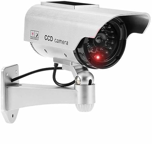 JUSTOP Telecamera CCTV fittizia per esterni/interni, telecamera di sicurezza finta impermeabile con luce LED a energia solare o a batteria, argento