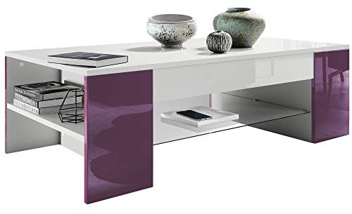 Vladon Couchtisch Clip, Made in Germany, Wohnzimmertisch mit 2 Seitenfächern und 1 Glasplatte, Weiß matt/Brombeer Hochglanz (118 x 37 x 60 cm)