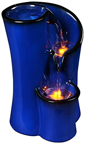 Indoor Water Fountain Imitation Ceramics Appearance Tabletop Relaxation Desktop Waterfall w/ 3 Reflective led, 9.8 Inch Tall (Blue)