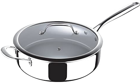 MasterPro - Saute Pan with Glass Lid, 28cm - Argent 3 Induction Stainless Steel Pan, Professional Quality, Tri-Ply Multilayer for Improved Heat Retention & Distribution - Ovenproof