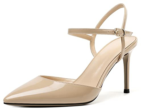 elashe Mujer Stiletto Zapatos Punta Tacones Altos Correa de Tobillo Sandalias Sexy 3.35 '' Desnudo EU44