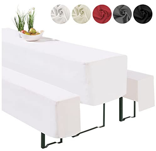 heimtexland ® Hussen Set 3-teilig Bierzeltgarnitur 1x Tischhusse Biertisch 2X Bankhusse Bierbank Tischdeko Typ860 Weiß für 50x220 cm Tisch