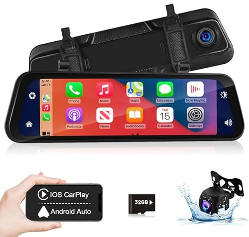 Hikity 9.66 Zoll Carplay Spiegel Dashcam mit Rückfahrkamera, Android Auto, Stimmenkontrolle GPS G-Sensor Super Nachtsicht WDR, Loop-Aufnahme Einparkhilfe Parküberwachung 32G SD-Karte