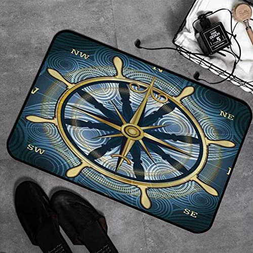 Memory Foam Badezimmer- 40 x 60 cm,Navigation Golden Compass mit Windrose und Helm auf einem welligen Hintergrund Maritime,Badteppich Saugfähige Rutschfester Badvorleger Waschbar Badematte
