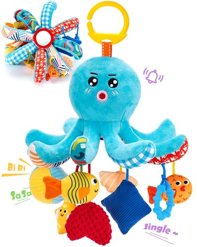 hahaland Baby Toys 0-6 Months - Car Seat Toys Octopus Toy with Pulling Cords, Squeaky, Crinkle, Rattle, Mirror - 3 4 Month Old Toys for Babies Infant Sensory Stroller Carseat Hanging Toy for Baby Gym