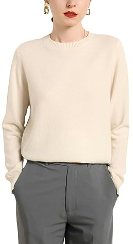e-girl Pull Femme Col Rond Manches Longues Cachemire Laine,Ecru,36