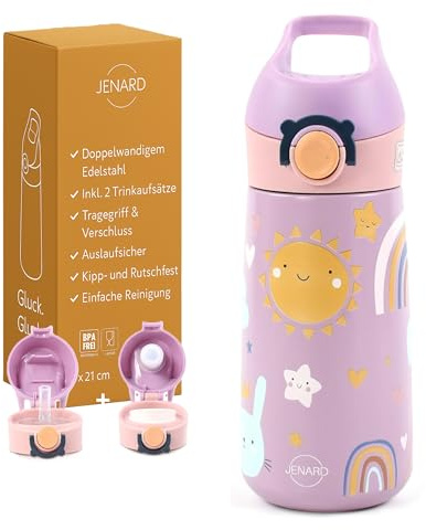 Jenard® Trinkflasche für Kinder aus doppelwandigem Edelstahl, 2 verschiedene Trinkaufsätze, auslaufsicher, kindgerecht, Skandi Design (Pink/Rosa, Regenbogen)