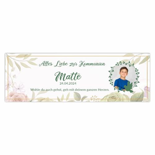 FOTOFOL Banner personalisiert mit Foto und Wunschtexte - Banner Taufe oder Kommunion - 225x75cm oder 150x50cm (Style 1)