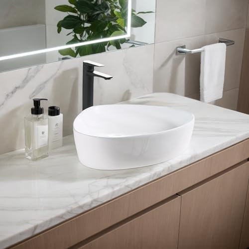 NUESTRA VIDA Lavabo Sobre Encimera Lavabo Triángulo Moderno Cerámica Blanco Lavamanos Aseo Cuarto de Baño 50×41×12cm, Ideal para Poner sobre Encimera de Muebles de Baños y Aseos
