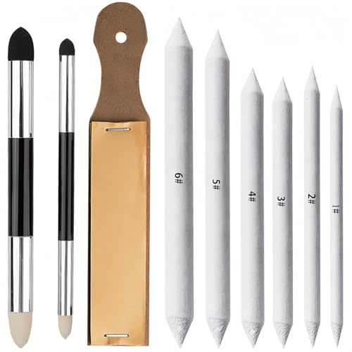 Zhenghebuy Sketch Drawing Tools,6 Pcs Double Ended Blending Stumps and Tortillions with 2 Blending Sponge Pen,1 Sandpaper Sharpener for Artists,Student