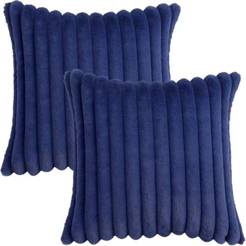 Fluffy Faux Fur Striped Square Cushion Covers 40x40cm Set of 2, Navy Blue | Decorative Soft Plush Modern Couch Throw Pillow Cases with Velvet Back for Sofa Bed Home Decor,No Filling,Invisible Zipper