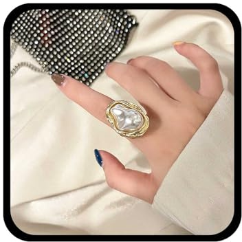 Cybche Anello Di Perle Barocco D'epoca Anello Di Perle D'oro Dito Signet Ring Regolabile Aperto Irregolare Gioielli Di Nozze Per Le Donne