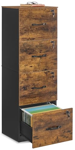VASAGLE Cassettiera da Ufficio, Mobile per Documenti, Supporto Stampante, 4 Cassetti con Serratura, Barre Sospese Regolabili, per A4 e Lettera, Marrone Vintage e Nero Inchiostro OFC082K02