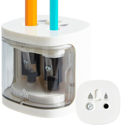 tenwin sacapuntas eléctrico, sacapuntas a batería de doble agujero para 6-12 mm No.2/lápices de colores, hoja duradera para afilar rápidamente, adecuado para la escuela/aula/oficina/hogar (blanco)