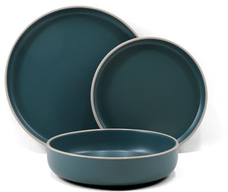 Brigros - Set Piatti 18 Pezzi Gres Porcellanato Con Bordo Avorio, Piatti Moderni Design In Set Piatti 6 Persone, Servizio Piatti Moderni Eleganti In Diversi Colori Modello Serena (Petrolio)