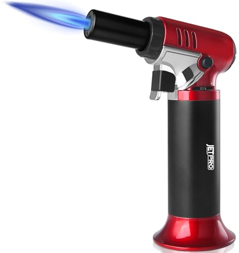 JETPRO Butane Torch Lighter Refillable with Adjustable Flame Kitchen Torch for Creme Brulee Baking BBQ Cooking Soldering One Hand Operation with Fuel Window Safety Lock (Butane Gas Not Included)