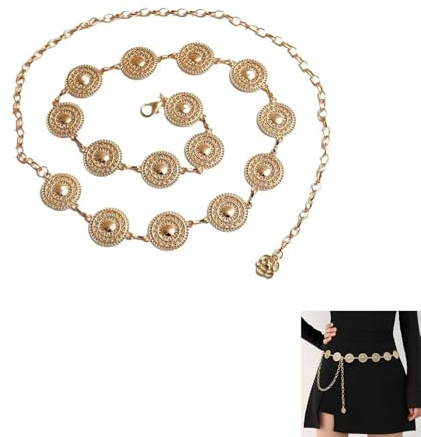 Pence & Moon kollektiva guldkedjebälten för kvinnor, guld magkedja, metall tusensköna kedjebälte western boho concho-bälte vintage genombrutet långt spänne midjebälte för klänningar, jeans, cowgirl