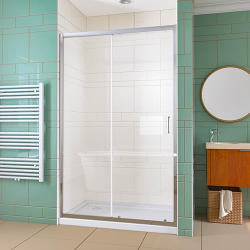 SUNXURY Puerta corredera de 130 x 185 cm, puerta corredera individual de cristal de seguridad de 5 mm (ESG), transparente, mampara de ducha, mampara de ducha, color plateado