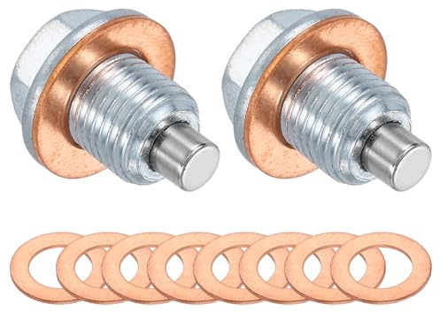 sourcing map M12x1.25 Magnetic Oil Drain Plug,23mm Length Magnetic Stainless Steel Oil Pan Drain Nut Bolt with 5Pcs Copper Crush Washer Universal Leak-proof Replacement Fits Most Cars