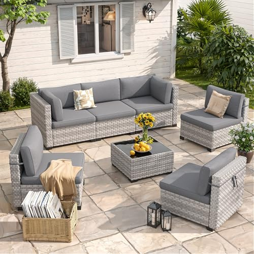 MAISON BACKYARDS 6-Seat Modular Patio Furniture Set – Outdoor Wicker Sectional Sofa with Thick 4″ Cushions, Dual-Strand PE Rattan, Rust-Resistant 18 mm Steel Frame, Backyard Garden Deck Lounge,Gray