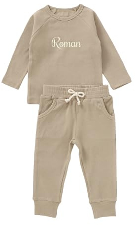 cribstar Personalised Baby Ribbed Tracksuit Set Organic Cotton Custom Embroidered Name 2 Piece Outfit Toddler Boys Girls Unisex Gift (Almond, 12-18 months)