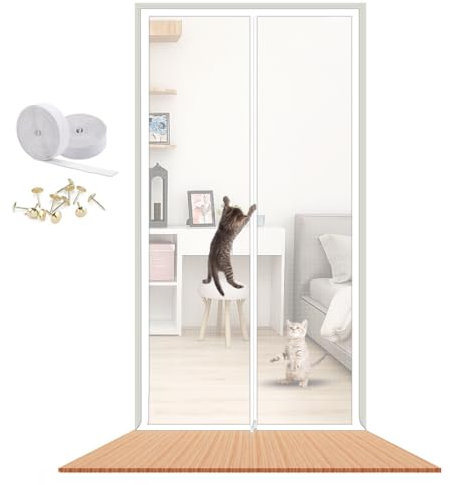 LAIJIANG Cat Screen Door for Doorway 90x210cm Escape Proof Double Zipper, Reinforced Mesh Pet Door to Keep Cats Inside, Scratch Resistant & Breathable for Fresh Air (White, Indoor/Outdoor Use)