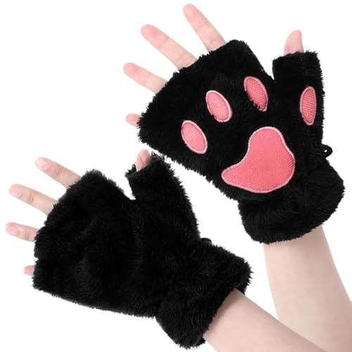 Guanti senza dita da donna a forma di zampa di gatto, guanti invernali carini in peluche, guanti corti spessi e caldi in pile morbido per il freddo